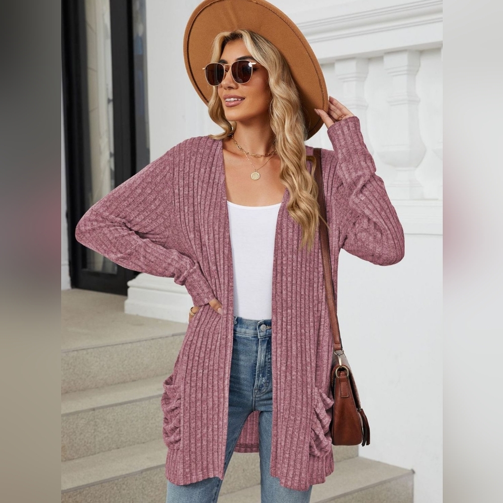 Women's Plum Ribbed Sweater Cardigan